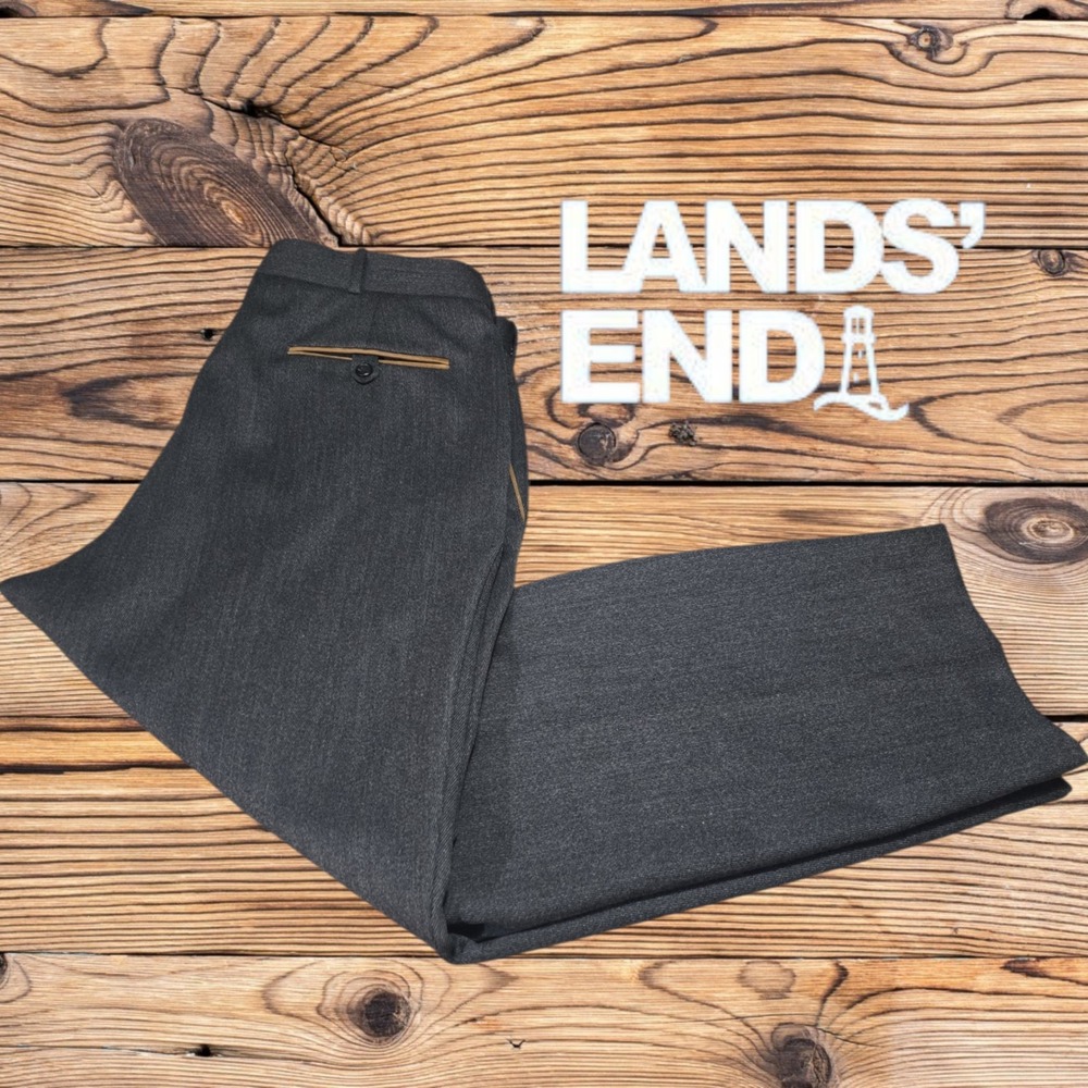 Lands End Dress Pants Mens Pleated Wool Leather Acc Portugal Charcoal Grey 38x28